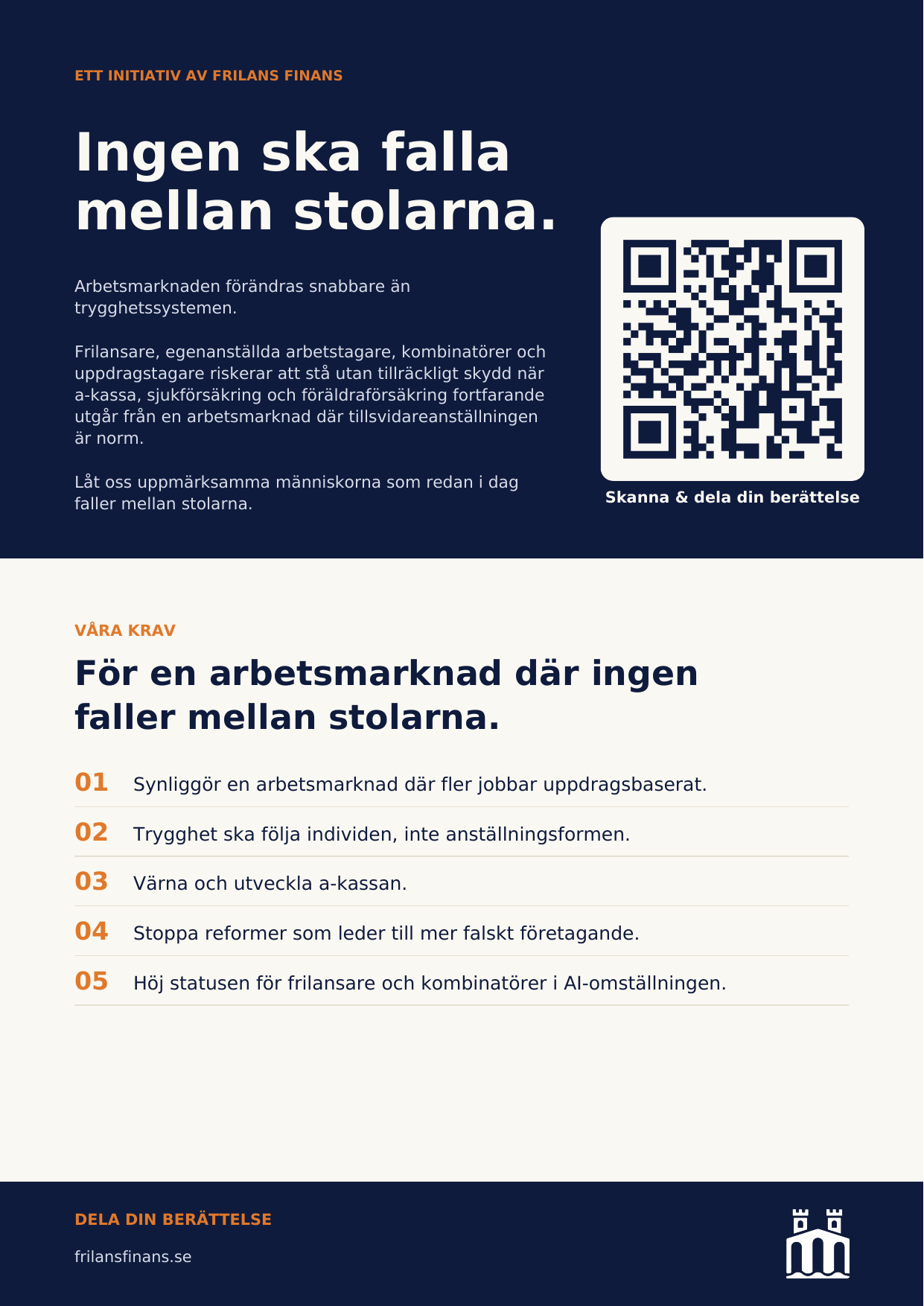 Förhandsvisning av flyern Ingen ska falla mellan stolarna med våra fem krav och en QR-kod.